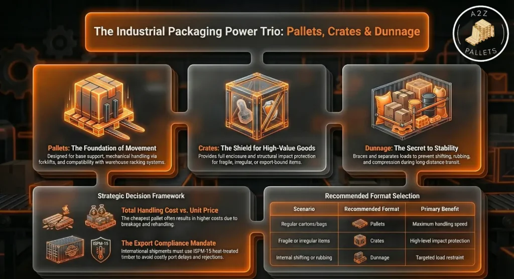 Pallets crates and dunnage explained as industrial packaging solutions for movement, protection and load stability in Australia