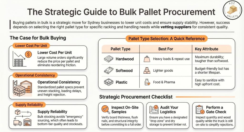 Infographic summarizing the bulk pallet buying guide for Australian businesses, including pallet types, quality checklists, and Sydney delivery tips