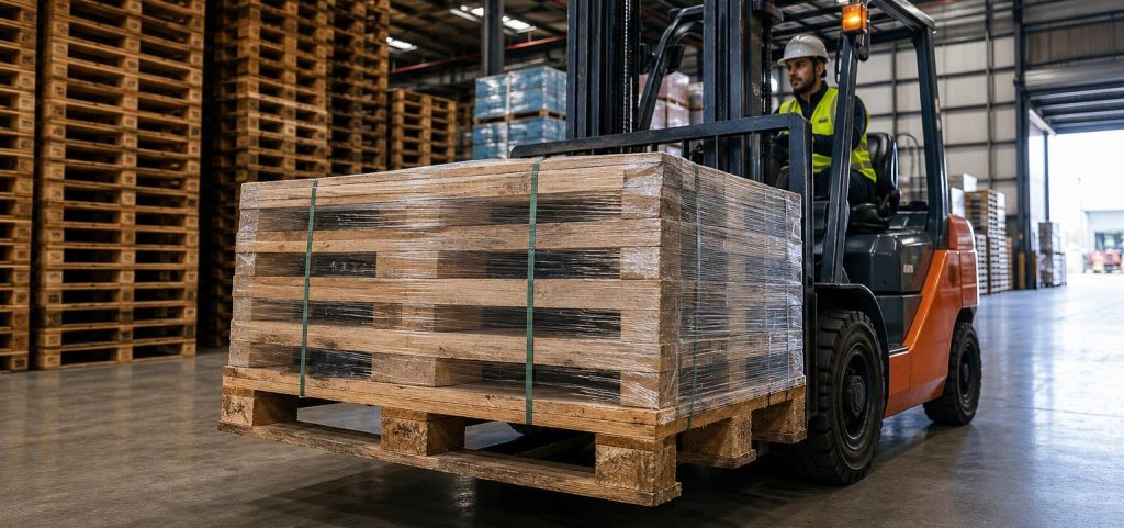 Heavy Weight Pallets and forklift in a warehouse