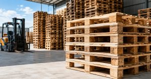 Industrial warehouse with stacked pallets