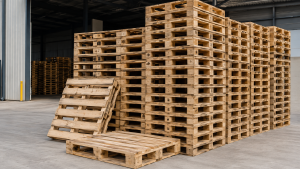 Recycled timber pallets stacked
